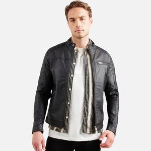 Jack & Jones Faux Leather Moto Jacket – Black/Gunmetal Grey (EUC) 🖤